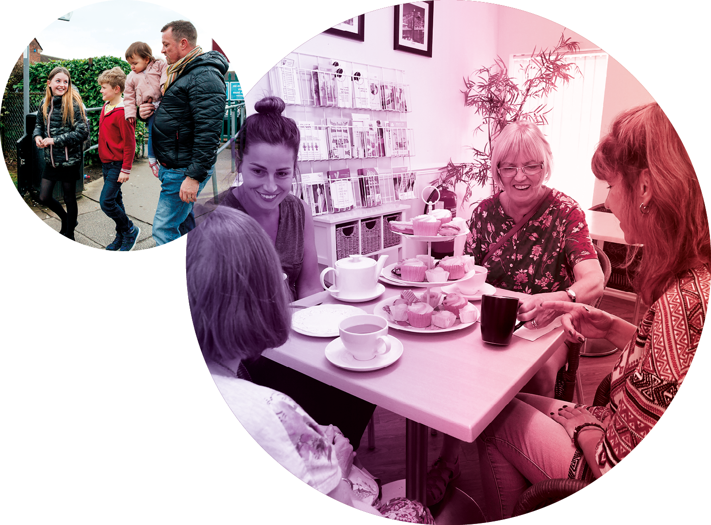 Images of family coming home from school and a care home tea party