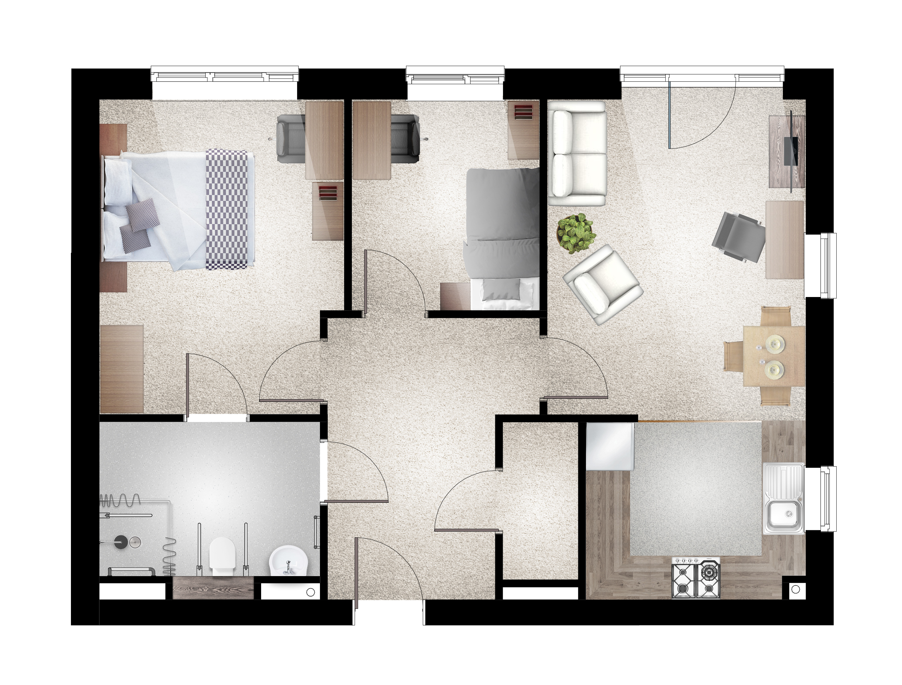 Floor plan of a two bedroom apartment at Willow Court