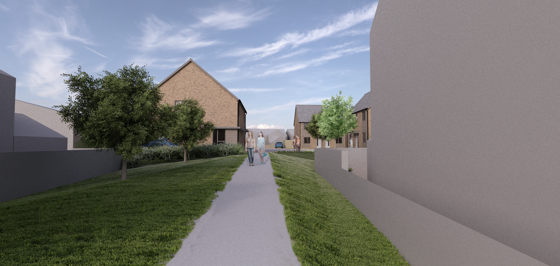 Mock up image of planned development. People walking on a footpath and homes in the background.