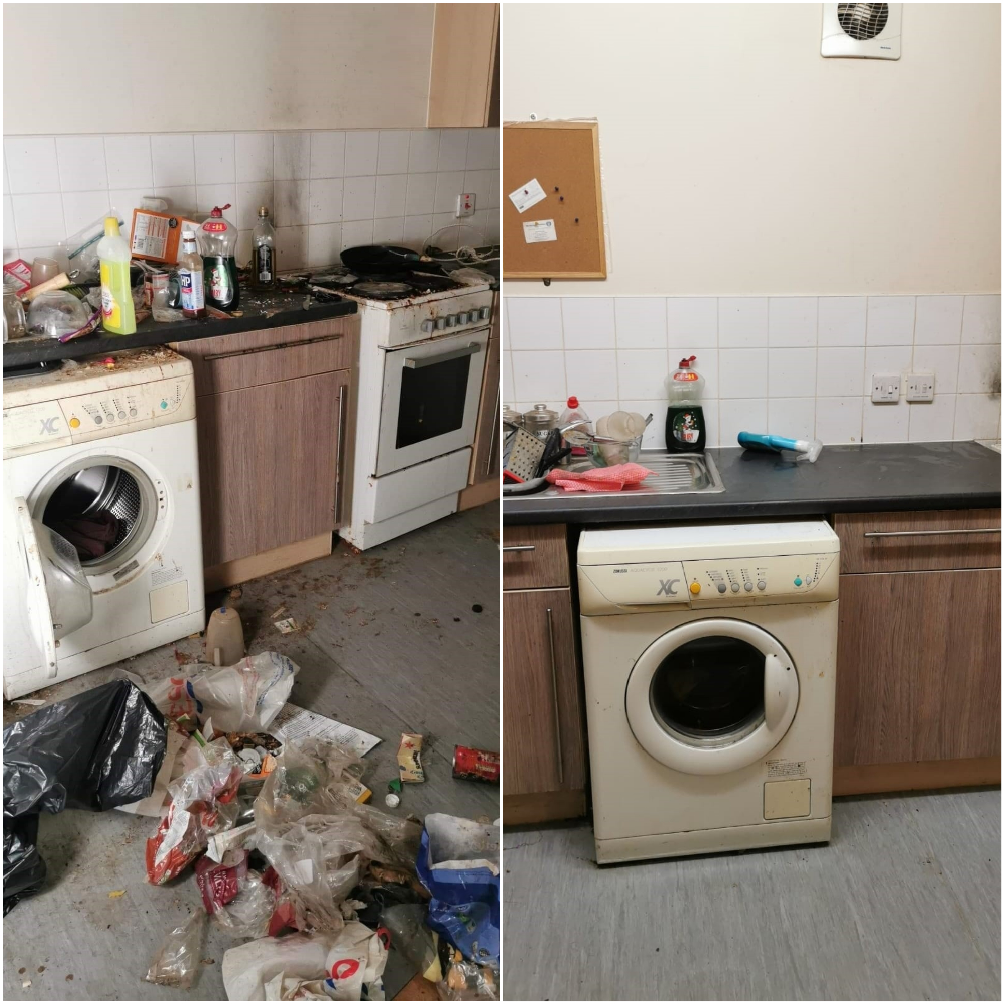 Before and after of a dirty kitchen that's been cleaned