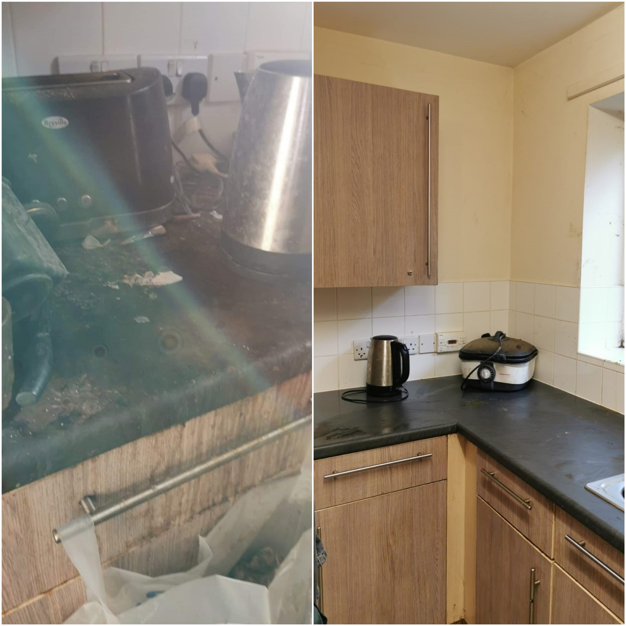 Before and after of a kitchen that's been cleaned