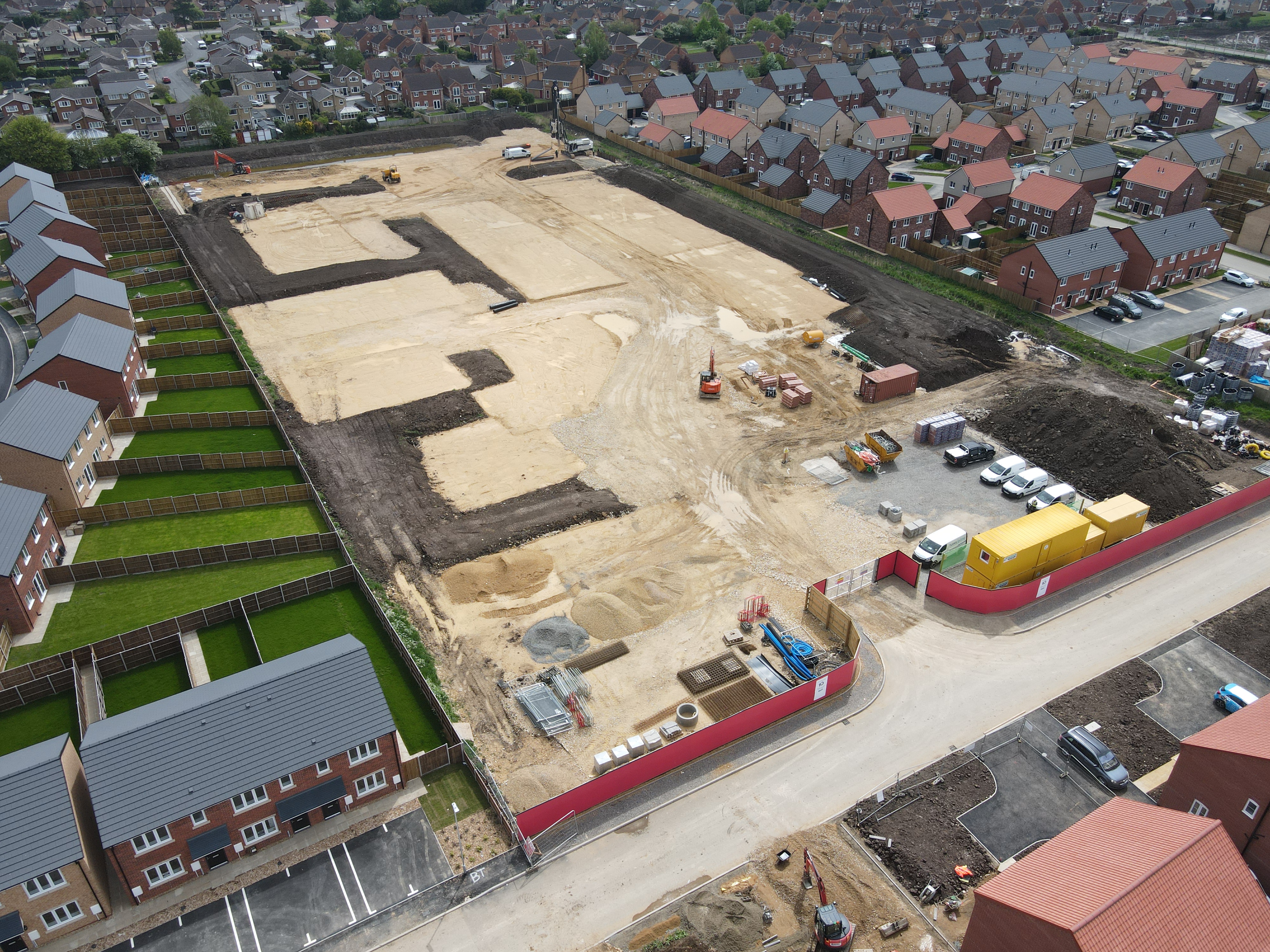 Aerial photo of construction of affordable homes